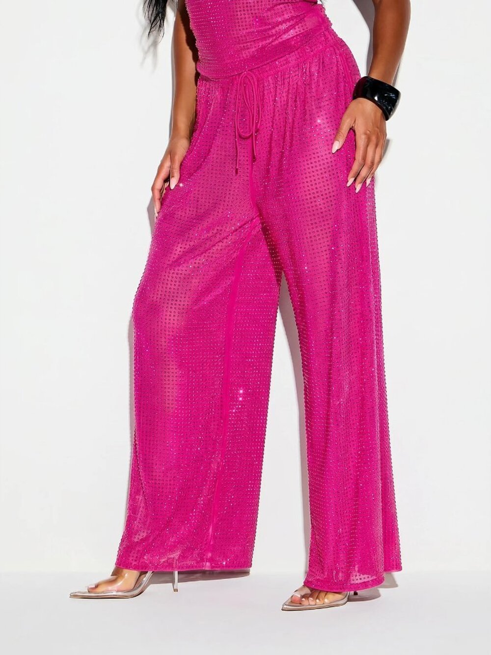 Pink Party Women's Wide Leg Rhinestone Embellished Low Rise Palazzo Pants